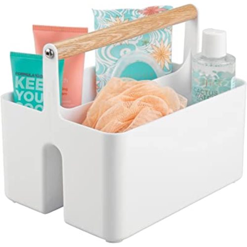 mDesign Plastic Portable Shower Caddy Divided Basket Bin Storage Organizer with Bamboo Handle for Bathroom, Dorm, Shelf & Cabinet Holds Shampoo, Conditioner - Aura Collection, White/Natural