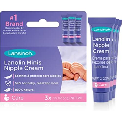 Lansinoh Lanolin Nipple Cream, Safe for Baby and Mom, Breastfeeding Essentials, 3 Mini Tubes, Each 0.25 Ounces