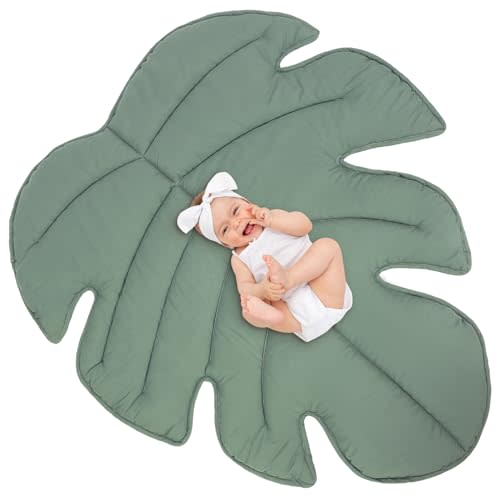 Funtery Baby Play Mat 56 x 42 Inch Cotton Crawling Cushion Cotton Nursery Rug Large Thick Soft Reversible Washable Folding Floor Playpen Mat Nursery Decor Rug for Girls Boys(Green,Tropical Leaves)