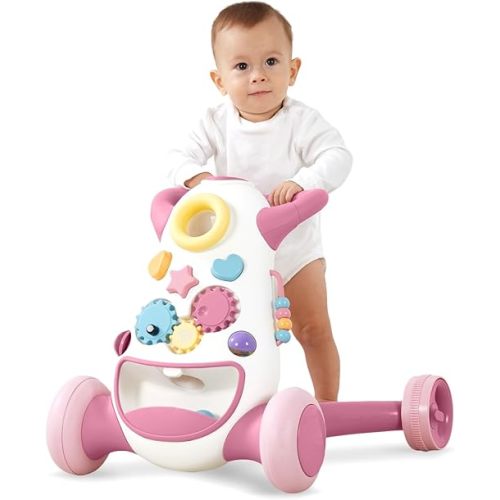 KÜB Baby & Toddler Push Walker, Interactive Sound & Light Effect Musical Montessori Activity Center, Adjustable Speed Wheel, Safe & Stable, Fun Gift for Boy and Girl Learning to Stand & Walk, Pink