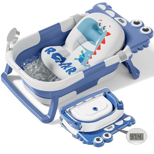 TPN Collapsible Baby Bathtub, Baby Bath Tub with Soft Cushion & Real-Time Thermometer, Baby Bathtub Infant to Toddler Tub (0-36 Months), Portable Travel Baby Tubs for Newborns (Blue)