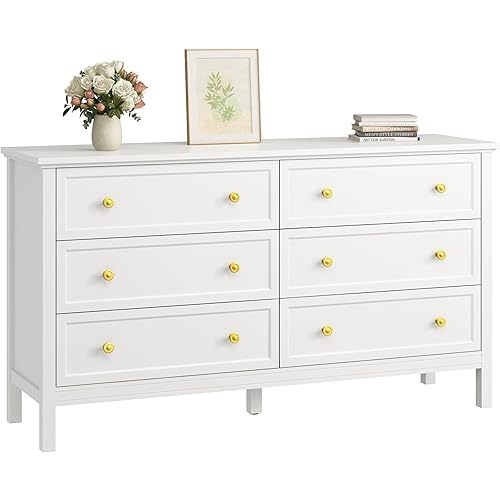 CARPETNAL White Dresser for Bedroom, 55 Inch 6 Drawer Dresser with Wide Drawer and Gold Handles, Woode Dressers & Chests of Drawers for Hallway, Entryway.