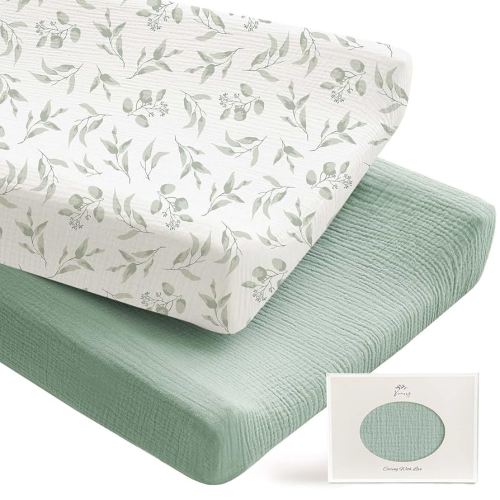 Konssy 2 Pack Muslin Changing Pad Covers for Boys, Ultra Soft & Breathable Cotton Baby Diaper Changing Table Covers, Neutral Nursery Diaper Changing Pad Sheets (Green, Green Leaves)