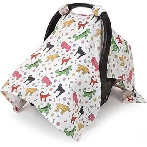 Metplus Car Seat Cover Baby, 100% Muslin Cotton Infant Carseat Covers for Boys and Girls, Lightweight Breathable Canopy, Summer Stroller Sun Shade, Newborn Travel Essentials(Dog)