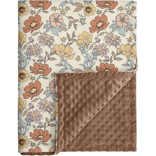 Baby Blanket for Girls, Soft Cozy Nursery Minky Blanket with Double Layer Dotted Backing for Infant Toddler in Crib Stroller, Floral Vintage Brown Blanket, 30x40 Inches