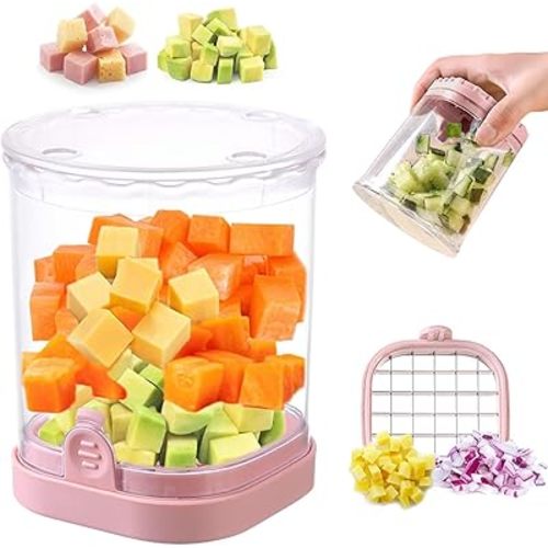Fruit Chopper Cup - Fruit dicer - Vegetable Chopper - Fruit and Vegetable Speed Chopper with Push Plate - Detachable Fruit Cutter - Kitchen Gadgets - Home Essentials (Pink)