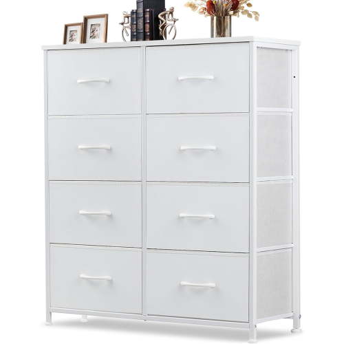 8 Drawer Dresser, Tall Chest Of Drawers Nightstand Storage Tower Storage Dresser Fabric Dresser With Wood Top for Living Room, Bedroom, Hallway, , White