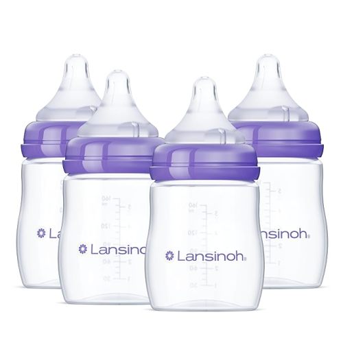 Lansinoh Anti-Colic Baby Bottles for Breastfeeding Babies, 5 Ounces, 4 Count, Includes 4 Slow Flow Nipples, Size S