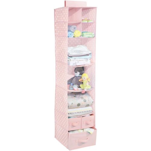 mDesign Fabric Hanging Organizer - Over Closet Rod Storage with 7 Shelves and 3 Removable Drawers for Baby Nursery Bedroom Organization - Holds Clothes, Toys, Accessories - Pink/White Polka Dot