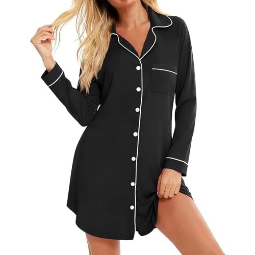 Women Long Sleeve Button Down Nightshirt