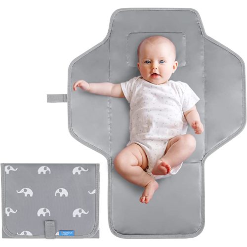 PHOEBUS BABY Portable Changing Pad Travel - Waterproof Compact Diaper Changing Mat with Built-in Pillow - Lightweight & Foldable Changing Station, Newborn Shower Gifts(Cute Elephant)