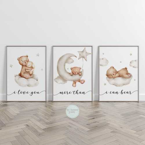 Teddy Bear Nursery Prints Set of 3 Neutral Nursery Wall Art Moon Cloud & Stars Wall Art Baby Shower Gift I Love You More Than I Can Bear