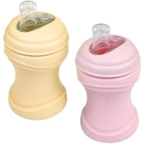 Re-Play 8oz Pack of 2 Transition Sippy Cups for Baby Toddler, Medical Grade Silicone Soft Spout & Travel Lid, Easy to Hold Hourglass Shape, Made in USA from Recycled Milk Jugs - Lemondrop/Ice Pink
