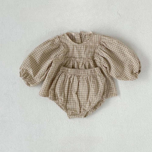 Plaid Balloon Sleeve Linen Bloomer Set – August + Willow