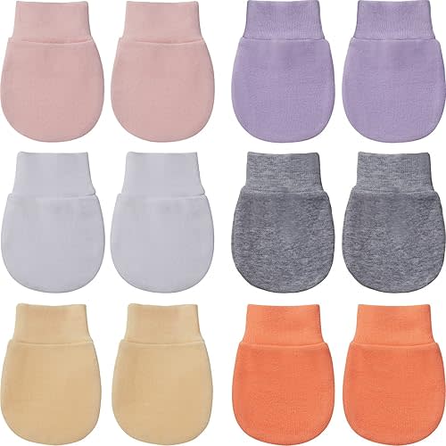 6 Pairs Newborn Baby Mittens No Scratch Gloves Infant Toddler Anti Scratch Essentials Unisex Cotton for 3-9 Months Girls Boys (Light Gray, White, Beige, Light Pink, Light Orange, Light Purple, Solid)