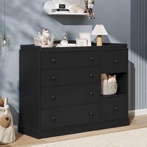 Kids Dresser Cabinet with 6 Drawers, Changing Table for Nursery with Shelf, Multi-Functional Chest of Drawers, Kids Bedroom Furniture, Nightstand for Children's Room, Black