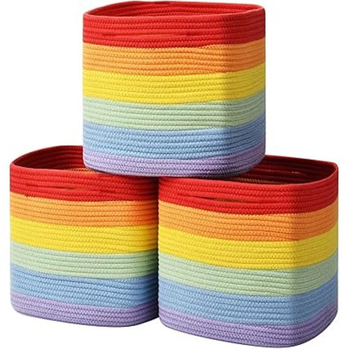 3 Pack Storage Cubes 11 Inch Cotton Rope Woven Baskets for Organizing Cube Bin Square Shelves Organizer,Classroom,Kids Toy Bins,Closet,Baby Nursery(Rainbow)