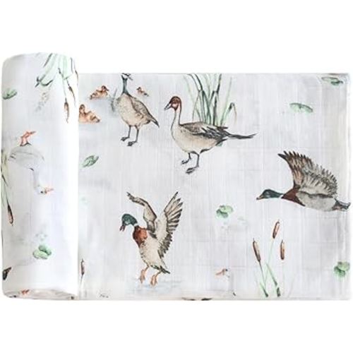 LifeTree Baby Swaddle Blankets, Muslin Swaddle Blankets Boys Girls Swaddling Wrap Receiving Blanket for Newborn, 70% Viscose Bamboo and 30% Cotton, Large 47" x 47", Mallard Duck Pattern