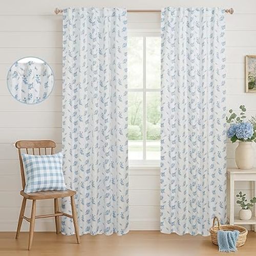 Light Baby Blue Blackout Curtains,Floral Patterned Toile French Country Grandmillennial Grand Millenial Coastal Curtains for Bedroom Nursery Girl 84 Inch Length