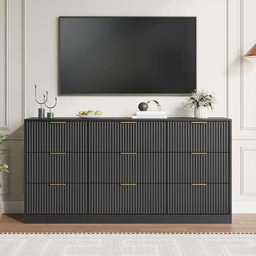YouTrend Black 9 Drawer Dresser for Bedroom,Modern Adult Fluted Wood Chest of Drawer with Golden Embedded Handles for Living Room,Hallway
