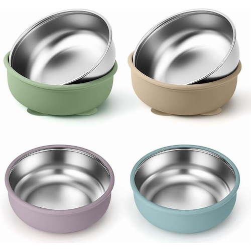4 Pack Stainless Steel Baby Bowls with Suction – 2-in-1 Toddler Feeding Plates Heat-Resistant Spill-Proof Suction Bowls for Kids Toddler Food Feeding 4PCS