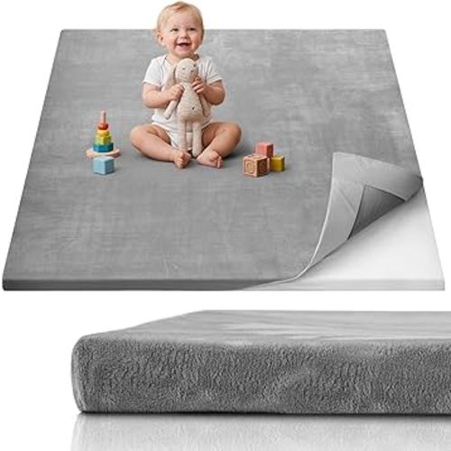 Blissful Diary 1.3" Thick Baby Play Mat, 50x50 Playpen Mat with Removable & Washable Cover, Ultra Soft Crawling Rug for Floor, Foam Cushion & Non-Slip Backing for Kid, Toddlers and Infants, Light Grey