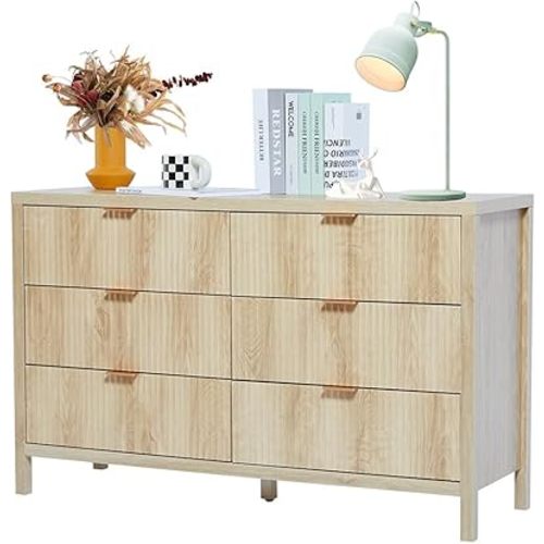6 Drawer Dresser Cabinet, Long Nightstand with Drawers and Storage Cabinet, Boho Solid Wood Dresser TV Stand, Mid Century Modern Nightstand with 6 Drawer Dresser for Bedroom Closet (Natural)