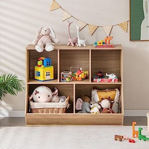 HONEY JOY Toy Storage Organizer with Bookcase, 5-Cubby Children Bookshelf Toy Storage Cabinet, Open Kids Toy Storage Shelf Book Display Rack for Playroom, Bedroom, Kindergarten, Nursery, School