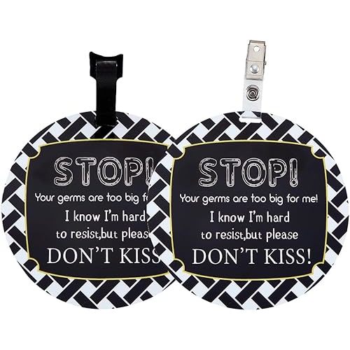 PLIGREAT 2 Pack No Touching Baby Car Seat Sign, Stop Kissing Baby Stroller Tag with Hanging Straps and Clip, No Touch Baby Safety Sign for Baby Girl Boy