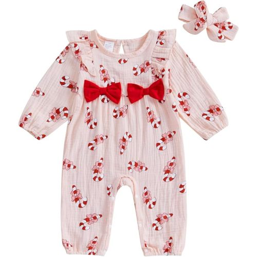 Newborn Baby Girl Halloween Outfit Cotton Linen Pumpkin Jumpsuit Romper Ruffle Sleeve Bodysuit Long Overalls with Bow