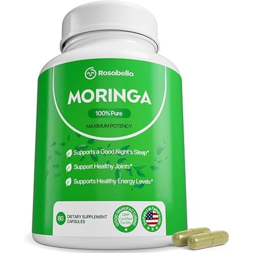 Rosabella Moringa Capsules - Pure Moringa Powder, Energy, Skin, Immune & Gut Health Superfood, Rich in Antioxidants, Essential Vitamins & Amino Acids, Natural Green Superfood Supplement - 60 Count