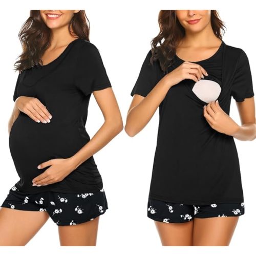 Ekouaer Maternity Nursing Pajamas Set Short Sleeve Breastfeeding Sleepwear Double Layer Postpartum Top and Shorts Set