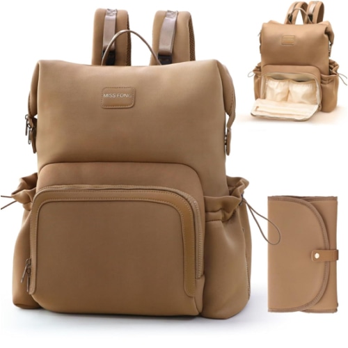 miss fong Diaper Bag Backpack - Baby Diaper Bag Neoprene Bag Large Capacity Neoprene Backpack with Diaper Changing Pad Travel Diaper Backpack Baby Backpack with 12 Pockets for Mom & Dad -Brown