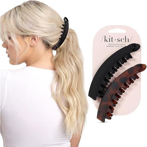 Kitsch Banana Clips for Women - Stylish Hair Clips for Thick Long & Curly Hair – No Slip Grip - Black & Brown, 2pcs