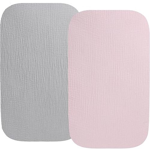 Muslin Bassinet Sheet Compatible with AMKE 3 in 1 Bassinet(35 X 20), Milliard, TCBunny Bassinet, 2 Pack Cotton Stylish Boho Fitted Bassinet Sheets for Baby Grey & Pink