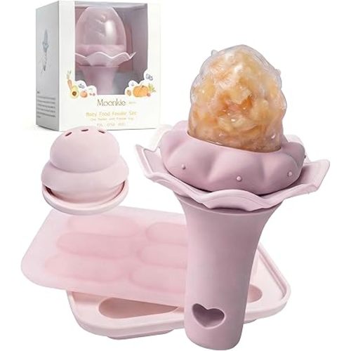 Moonkie Baby Fruit Feeder with Freezer Tray, BPA Free Silicone Food Feeder for Infant Self Feeding, Breastmilk Popsicle Molds, Mesh Feeder with Two Pouches, Baby Shower Gifts 4 Months+, 1 Pack