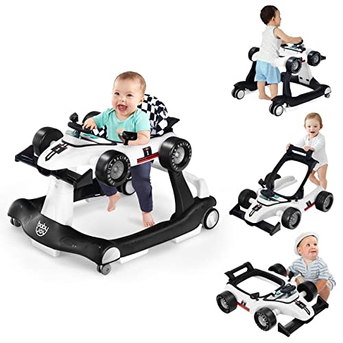 BABY JOY 4-in-1 Baby Walker, Foldable Activity Walker with Adjustable Height & Speed, Music, Lights, Anti-Rollover, Toddler Push Walker, Baby Walker with Wheels for Boys Girls 6-18 Months (White)
