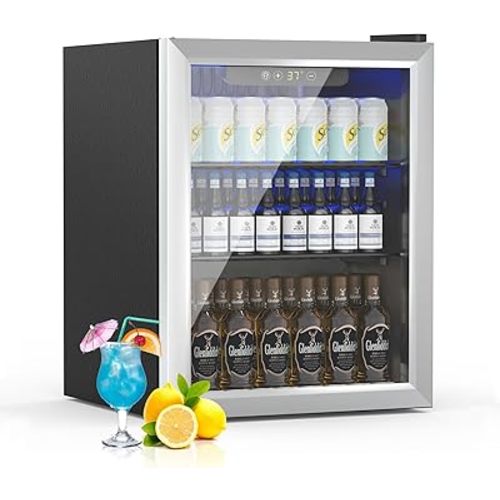 1.7 Cu.ft Beverage Refrigerator Cooler, 72 Can Mini Fridge with Glass Reversible Door, Digital Temperature Display for Soda, Beer or Wine For Office or Bar with Adjustable Removable Shelves