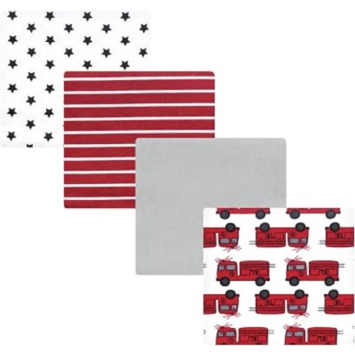 Hudson Baby Infant Boys Cotton Flannel Receiving Blankets 4-Pack, Fire Truck, One Size