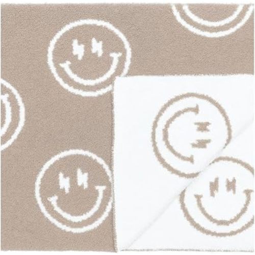 L+L USA Smiley Face with Lightning Bolt Eyes Baby Blanket 28"x40" - DreamSoft Throw for Crib, Stroller or Car Seat Blanket/Newborn Nursery Gift for Toddler, Infant, Kids, Boys & Girls (Tan/White)