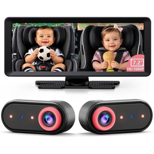 LUCKVIEW BM5PRO 7.2" 1080P HD Baby Car Camera for 2 Kids, Split Screen with IR Night Vision, Easy to Install & Adjust Brightness, Dual Car Camera Baby Monitor for Rear Seat Safety (Pink)