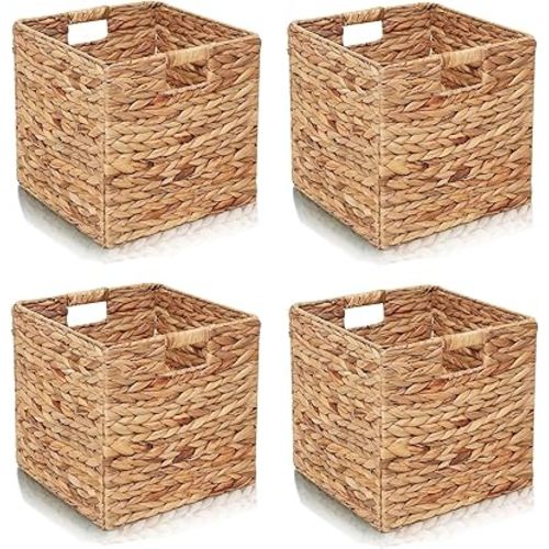 Water Hyacinth Storage Baskets,Woven Bins for Bathroom, Bedroom, Laundry, Pantry, Shelves,Set of 4 Foldable Cube Organizers,11.2"x11.2"x11.2"