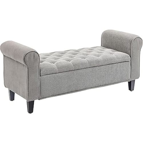 HOMCOM 50" Storage Ottoman Bench, Upholstered End of Bed Bench with Rolled Arms, Wood Legs, Button Tufted Storage Bench with Safety Hinges for Living Room, Entryway, Bedroom, Gray