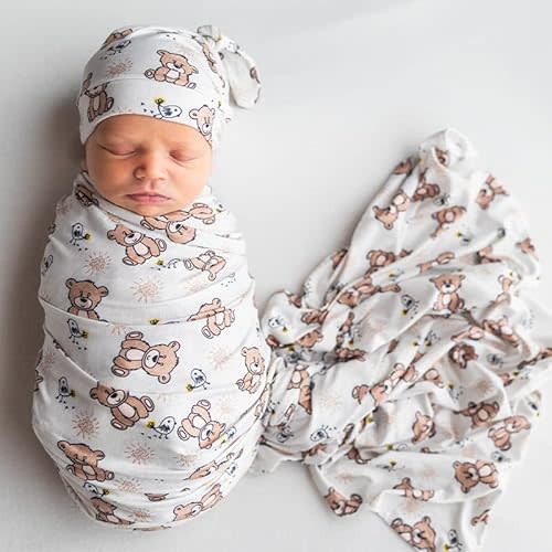 Luxury Rayon from Bamboo Hat & Baby Swaddle for Newborns 0-3 Months, Cozy Teddy Bear Newborn Swaddle Blanket for Baby Boys & Girls, Hypoallergenic, Breathable & Buttery Soft