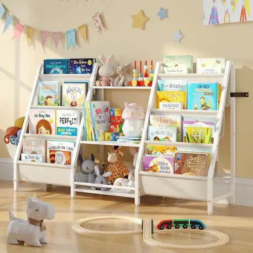 Kids Bookshelf and Toy Storage Organizer, 3 in 1 Montessori Toddler Book Shelf for Kids Rooms, Nursery Bookcase, Easy Assembly, Includes Extra Side Pockets, 49.8 x 11.80 x 29.5 inches(White)
