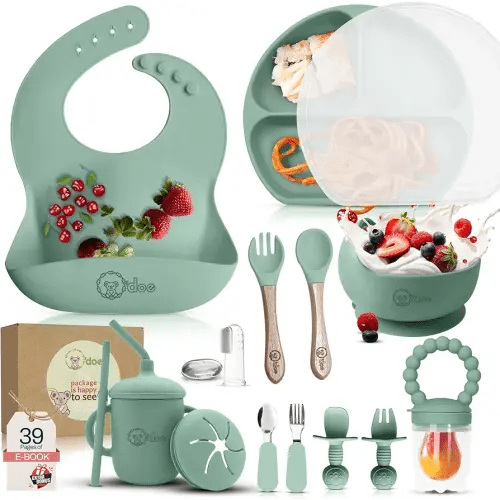 O'doe 17-Piece BPA-Free Silicone Baby Feeding Set | Thick & Soft Suction Plates, Baby Bowls, Wooden Fork & Spoon, and More | Make Mealtime Fun and Easy for Your Little One (Green, V2)