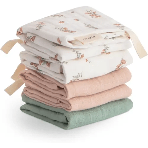 mushie Muslin Organic Cotton Washcloths 5-Pack (Pink Flowers Combo) | Soft Wipes for Baby Cleanups and Bathing