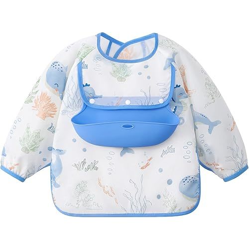 Long Sleeve Bib with Silicone Catch Pocket, Waterproof Feeding Bibs for Toddlers, Machine Washable, Baby Smock Bib for Mealtime & Playtime (6-12 Months, Ocean)