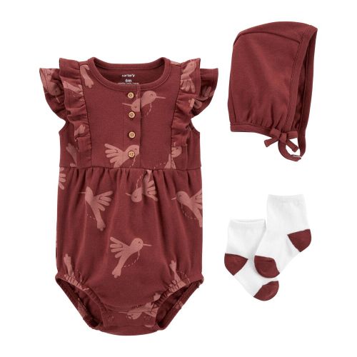 Baby 3-Piece Bodysuit & Bonnet Outfit Set - 6M - Burgundy
