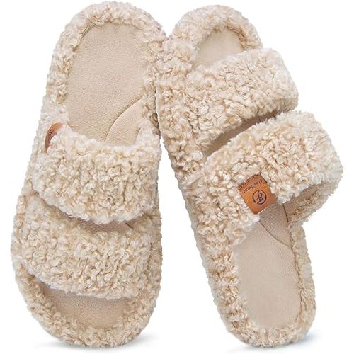 EverFoams Womens Fuzzy Open-toe Slippers Soft Comfy Memory Foam Indoor House Shoes